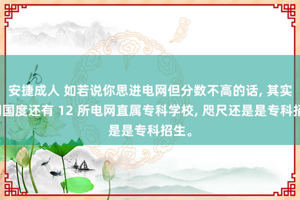 安捷成人 如若说你思进电网但分数不高的话， 其实咱们国度还有 12 所电网直属专科学校， 咫尺还是是专科招生。